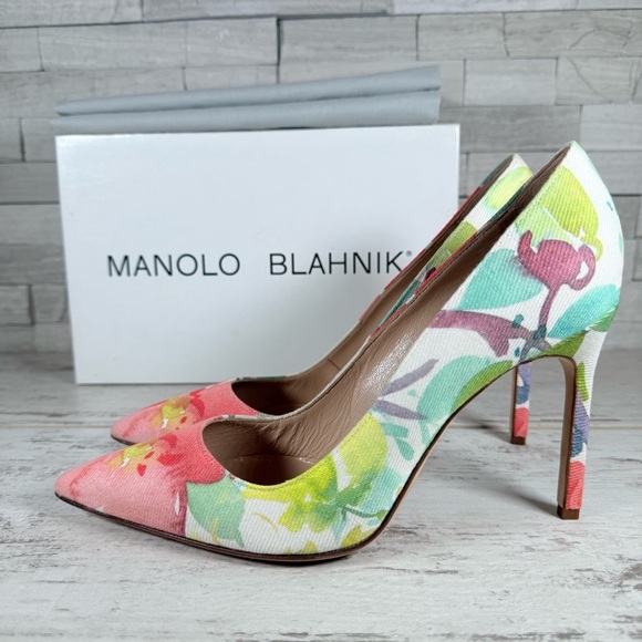 MANOLO BLAHNIK 105 Fabric BB Acuarela Watercolor Floral Print Pumps Size 38.5 - Picture 6 of 16